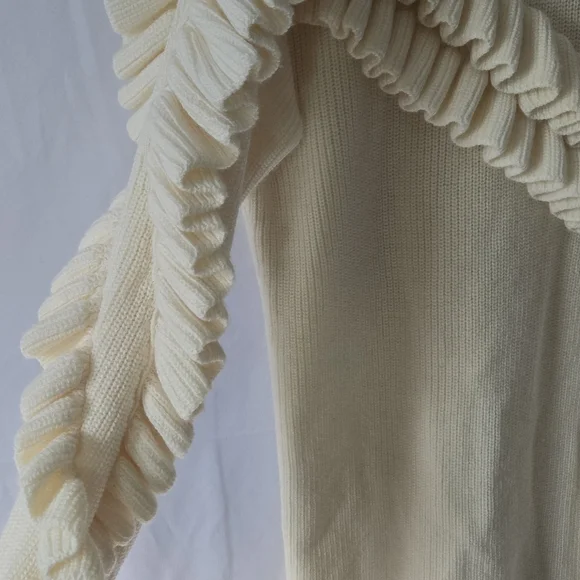 Frame Ruffle Yoke Ribbed Wool Blend Off White Oversized Knit Sweater Size Small - Picture 5 of 8